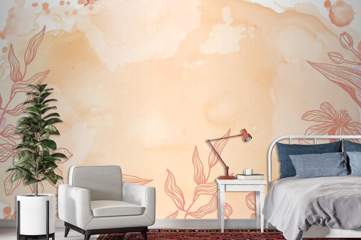 Orange Powder Pastel With Hand Drawn Flowers Background Wallpaper Mural