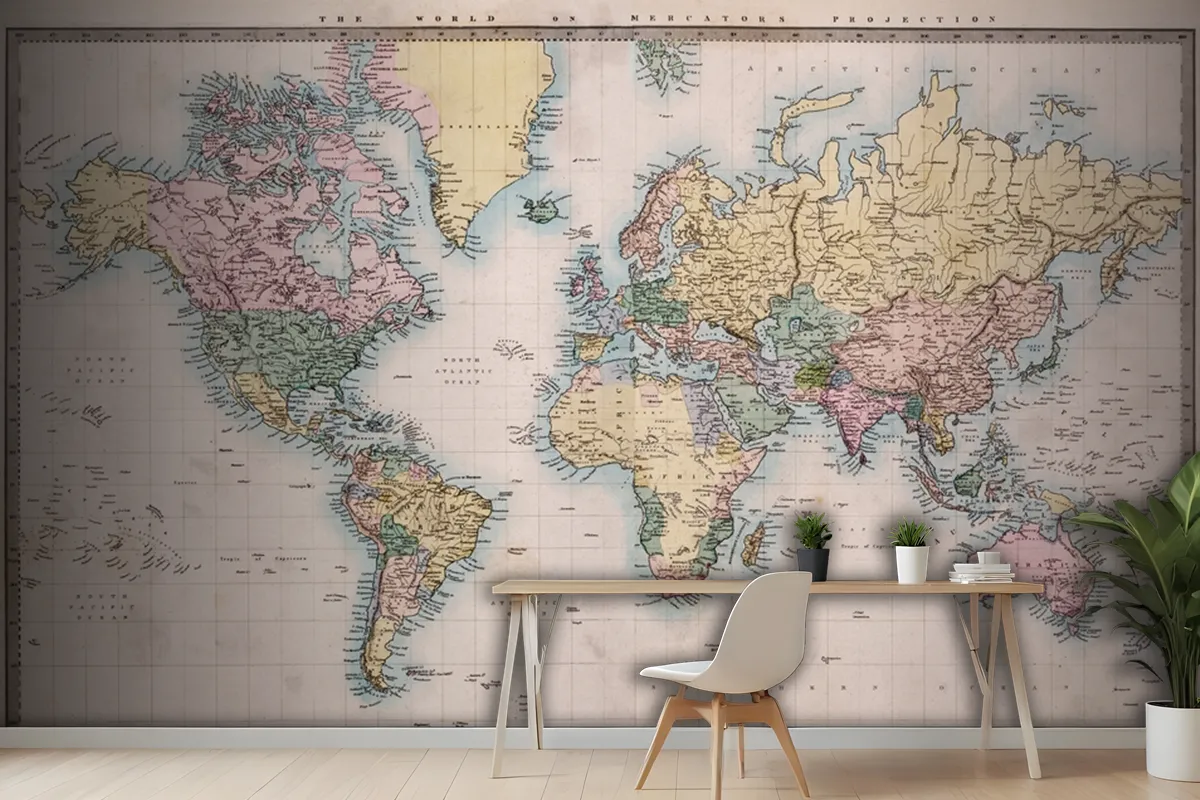 Original Old Hand Coloured Map Of The World Wallpaper Mural