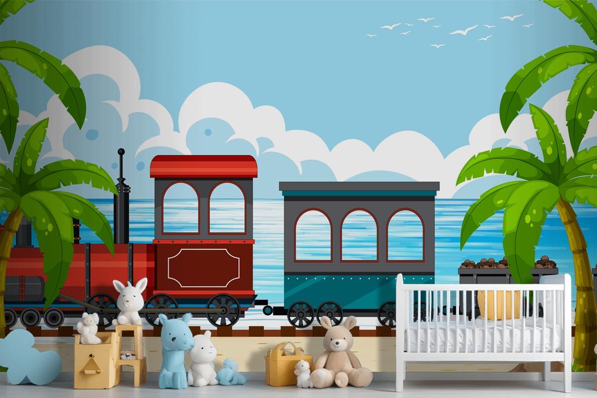 Outdoor Scene With A Steam Locomotive Train Boys Wallpaper Mural