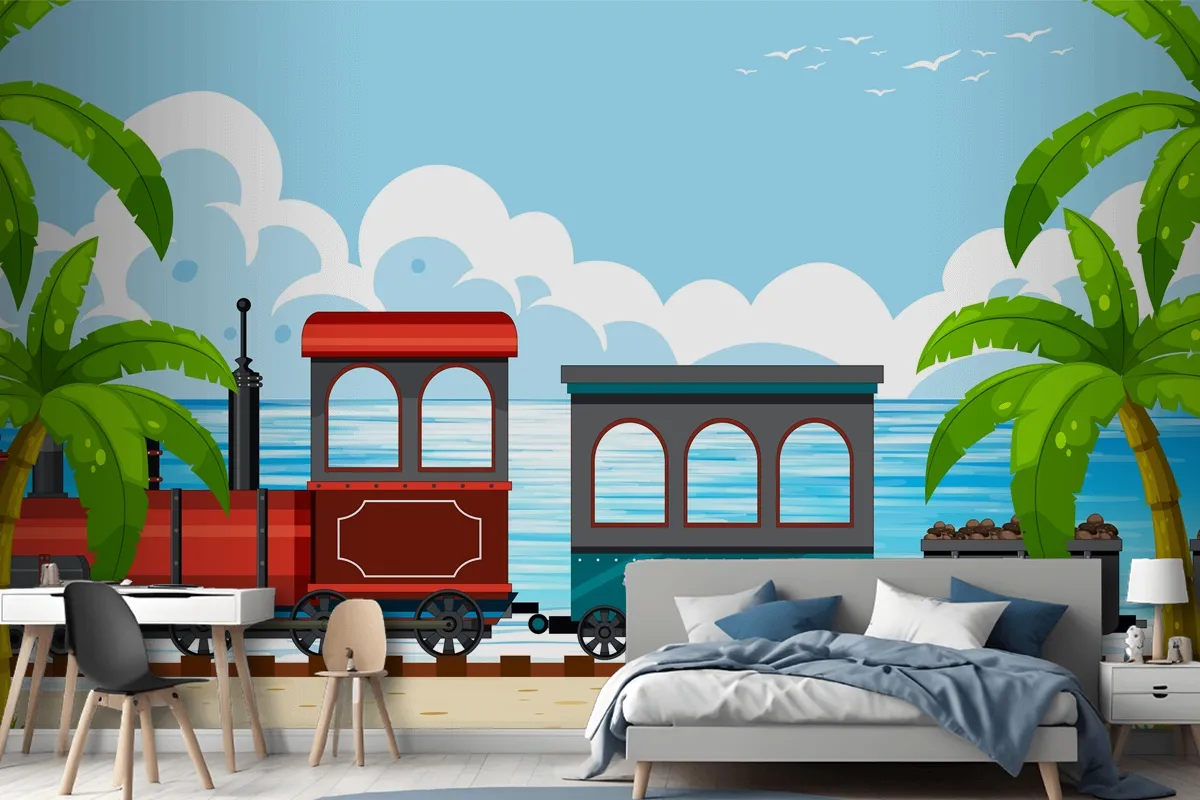 Outdoor Scene With A Steam Locomotive Train Boys Wallpaper Mural