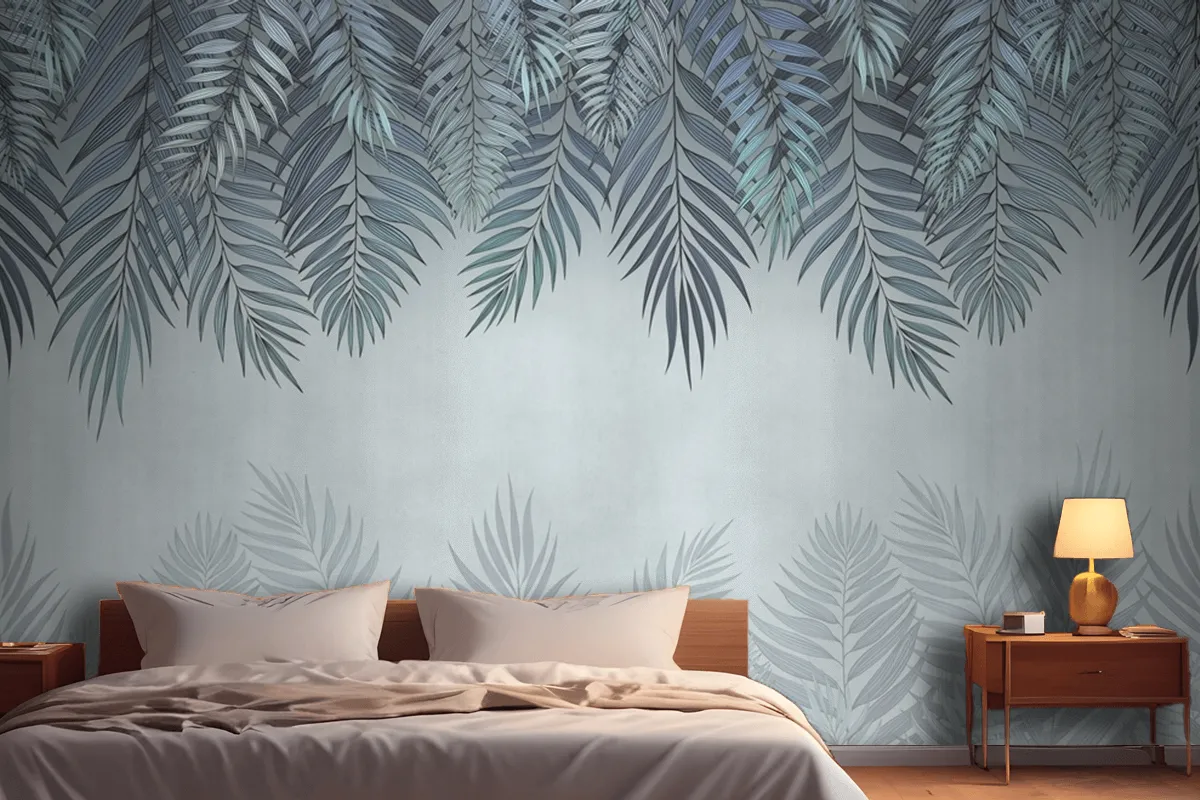 Palm Leaves In Pale Blue Flowers Wallpaper Mural