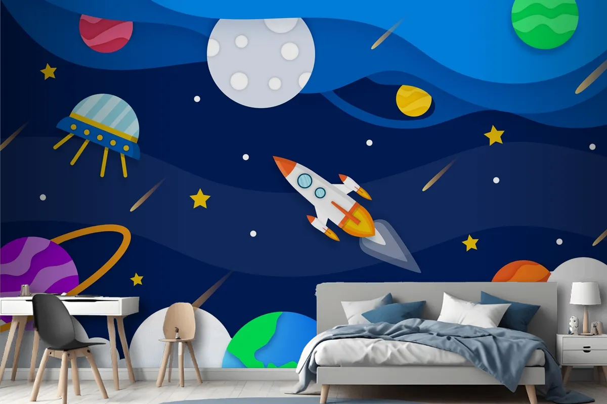 Paper Style Galaxy With Rocket Wallpaper Mural