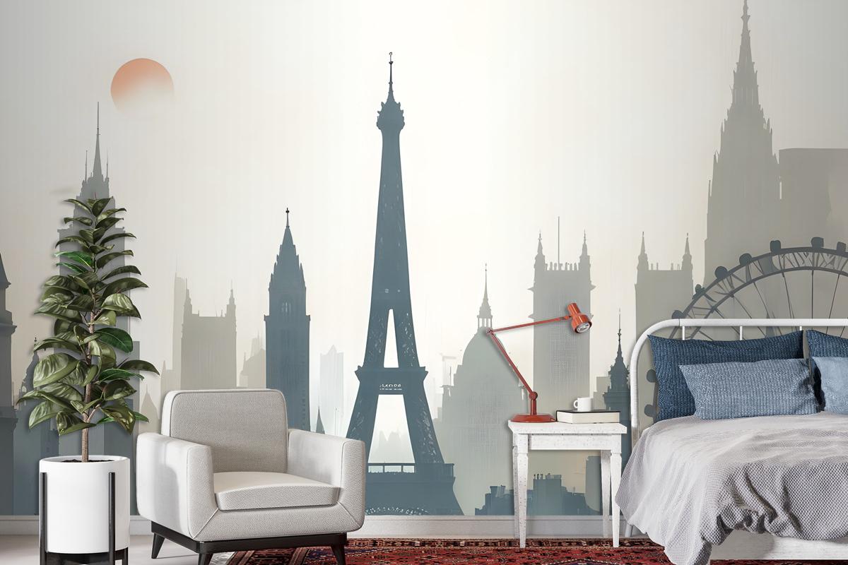 Paris City With Eiffel Tower And Amusement Park Wallpaper Mural