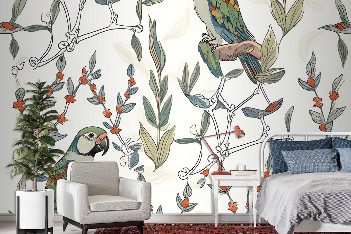 Parrot On Branches Wallpaper Mural