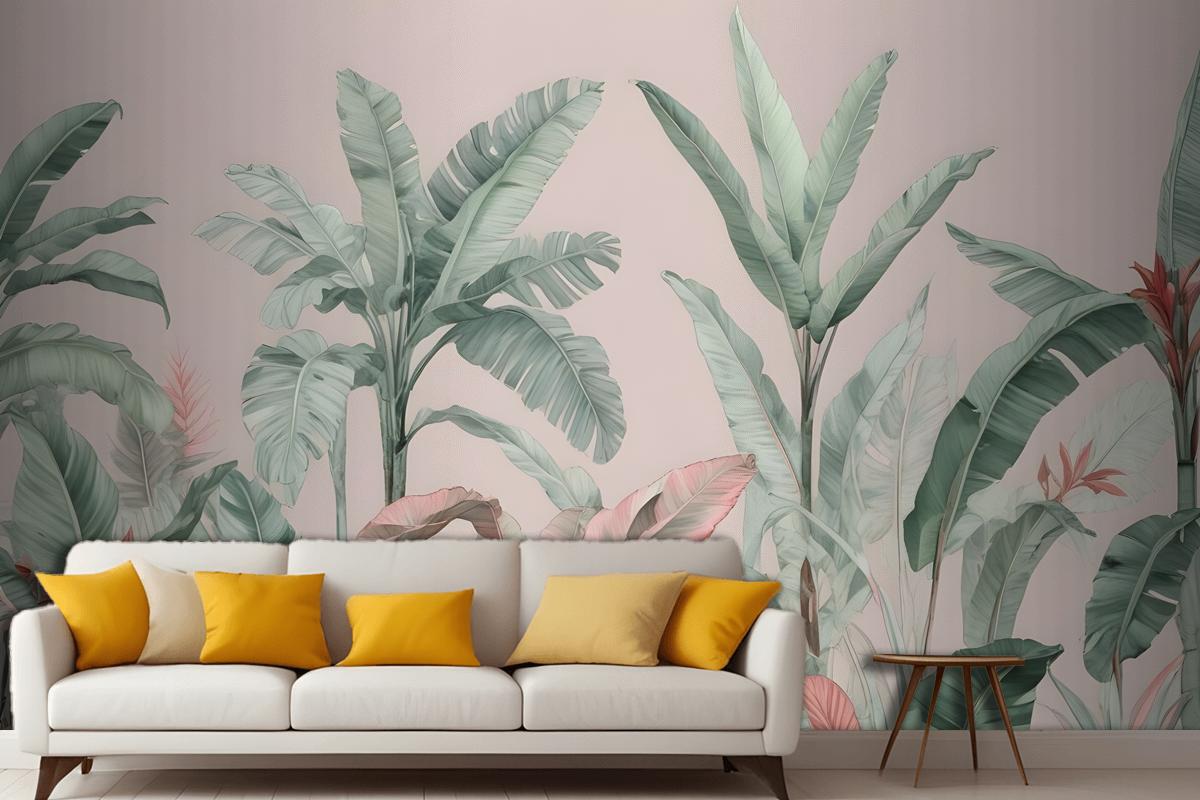 Pastel Pink & Green Vintage Tropical Wallpaper Mural