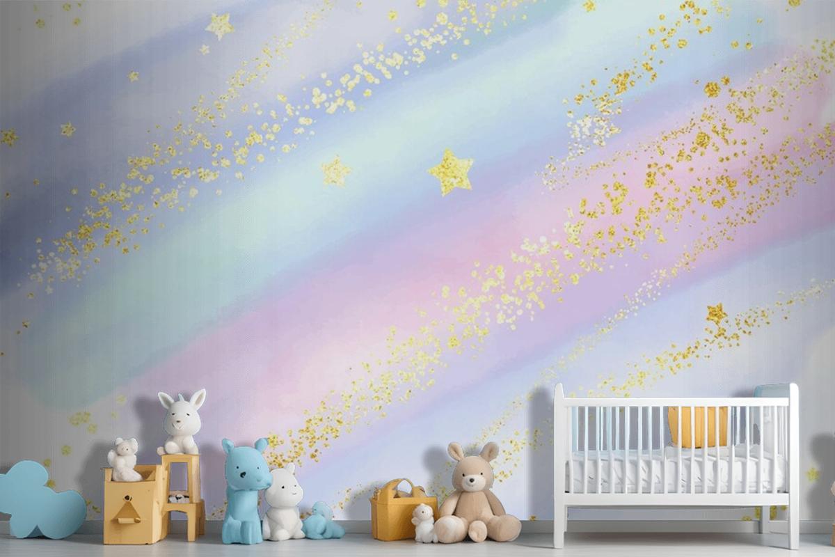 Pastel Watercolour Background With Glittery Gold Stars And Confetti Wallpaper Mural