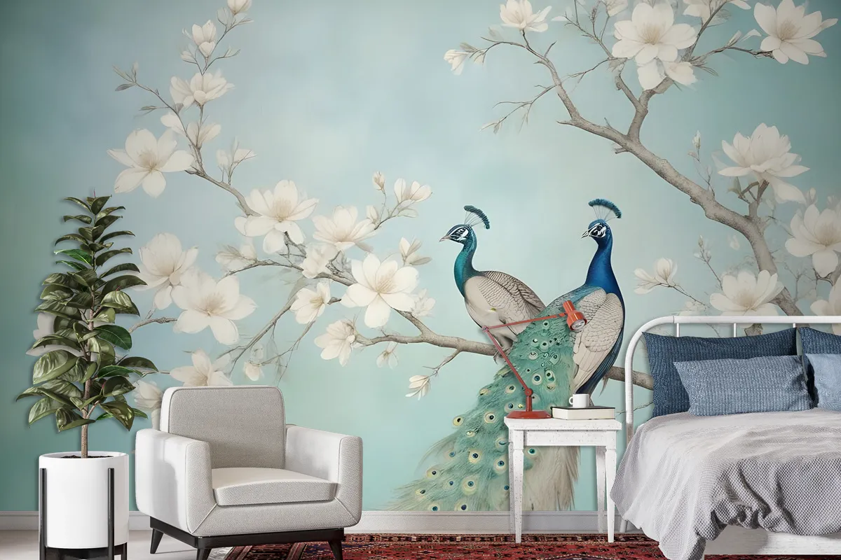 Peacock With Magnolia Blossom Wallpaper Mural