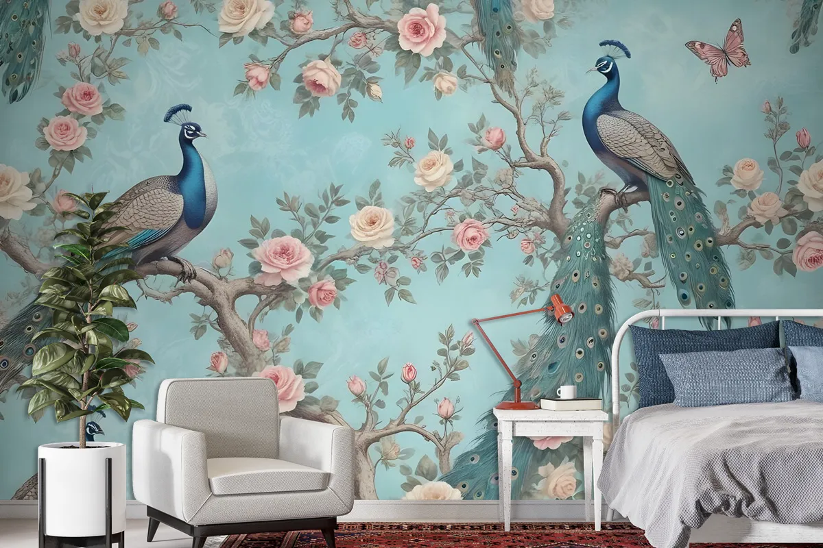 Peacock With Peony Blossom Wallpaper Mural