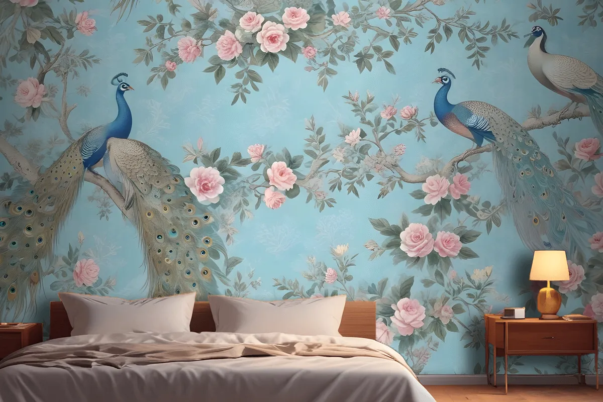 Peacock With Peony Blossom Wallpaper Mural