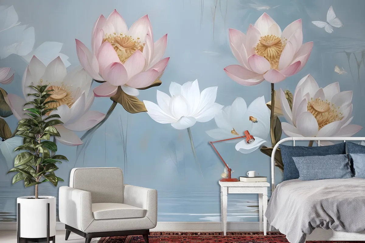 Pearl Lotus Flower And Little Butterfly Wallpaper Mural