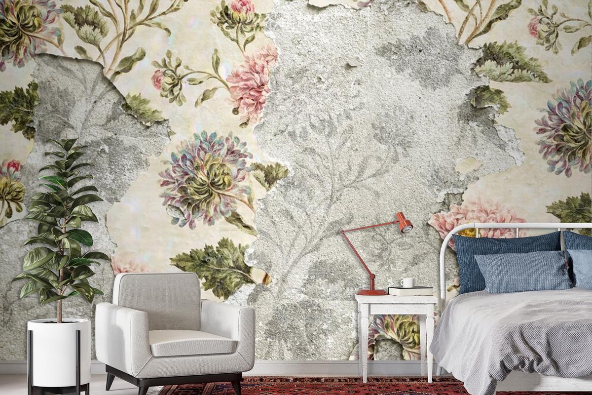 Peeling Floral Wallpaper On Concrete Wallpaper Mural