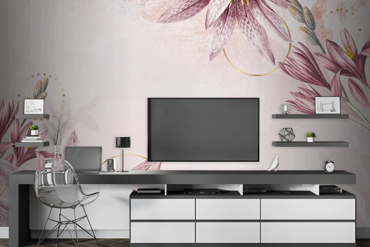 Pembe Amaryllis Desenli Arka Plan Tv Arkası Duvar Kağıdı