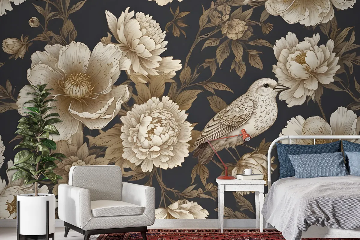 Peony Flowers With Bird Wallpaper Mural