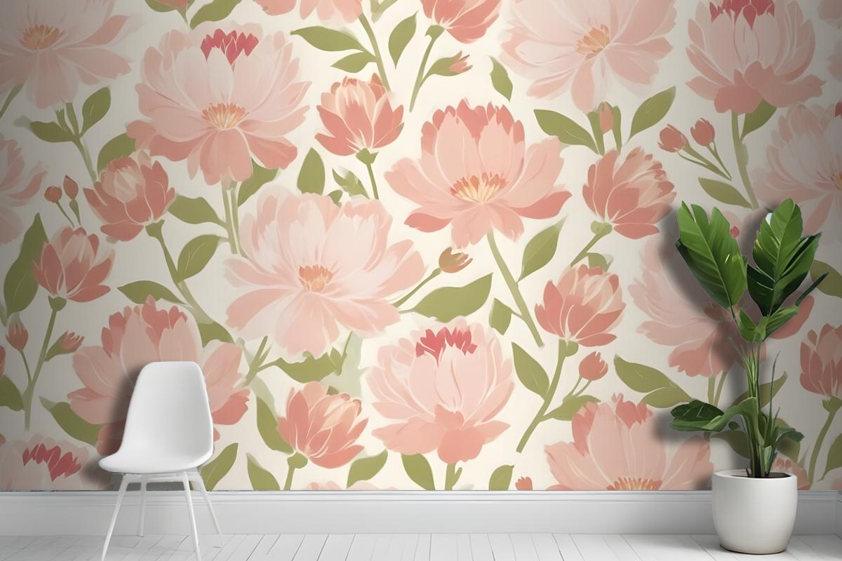 Pink And Peach Flowers With Green Leaves On A Light Wallpaper Mural