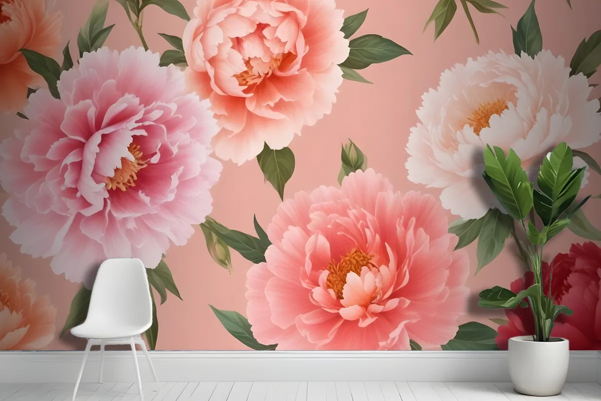 Pink And Peach Peonies With Green Leaves On A Light Pink Wallpaper Mural
