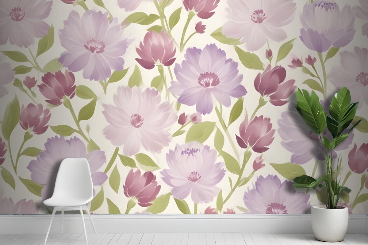 Pink And Purple Flowers With Green Leaves On A Light Wallpaper Mural