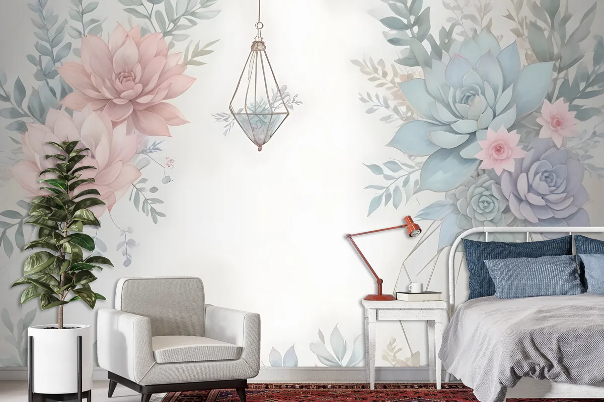 Pink Blue Soft Floral Wallpaper Mural