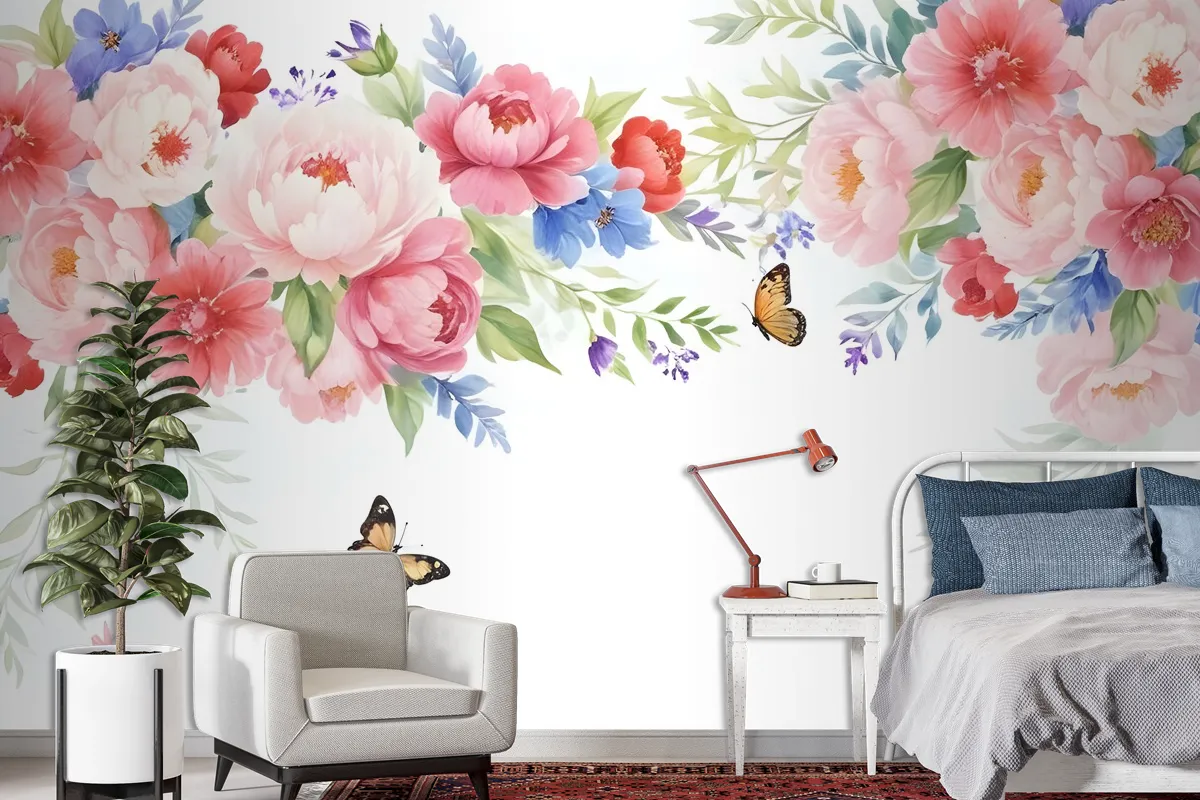 Pink Boho Vine Florals Wallpaper Mural