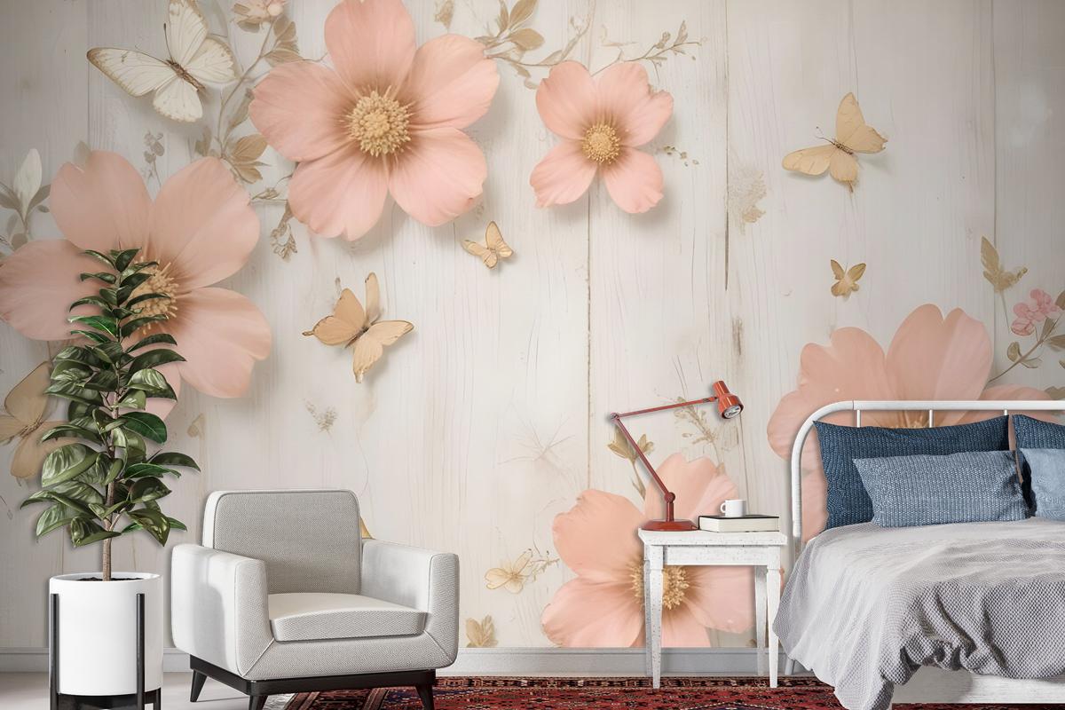 Pink Diamond Daisy With Butterflies Wallpaper Mural