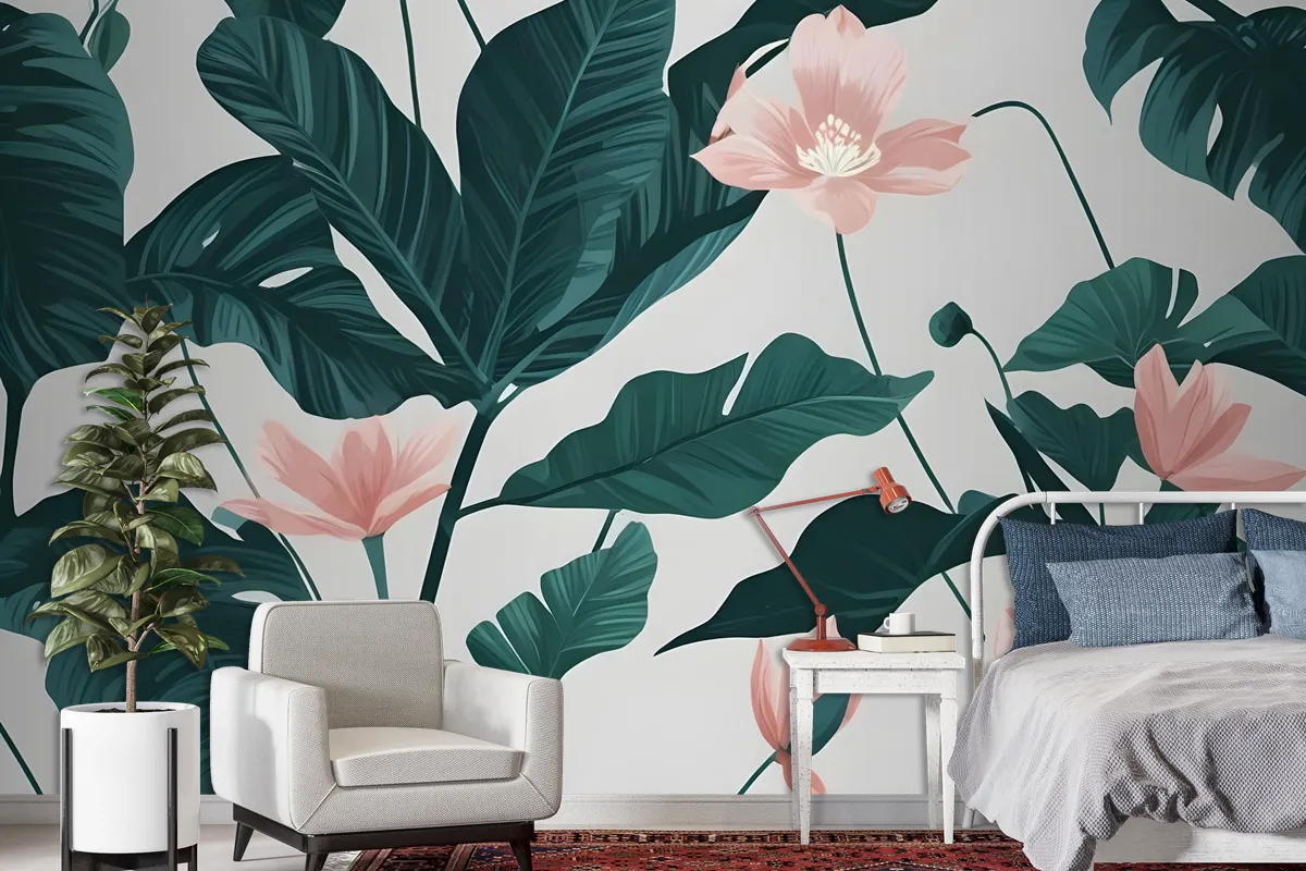 Pink Flower And Leaves Wallpaper Mural