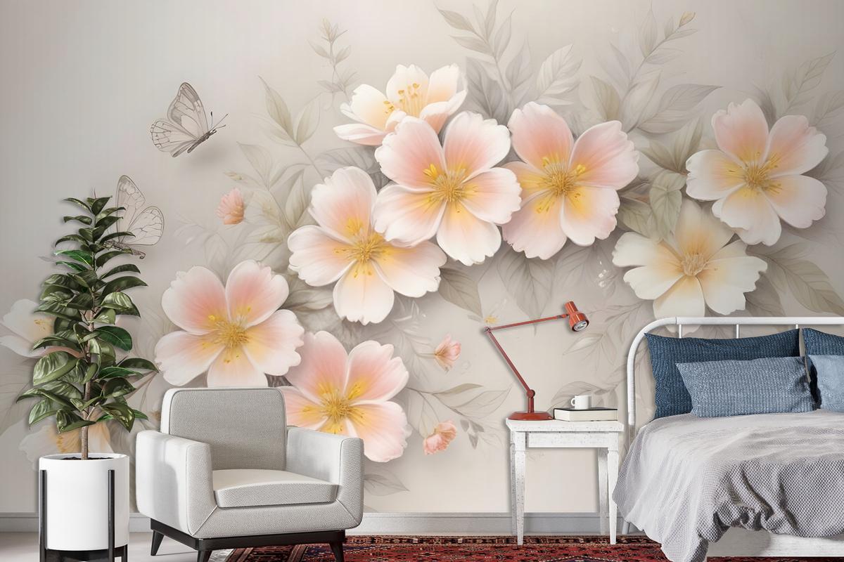 Pink Flower And White Butterfly Wallpaper Mural