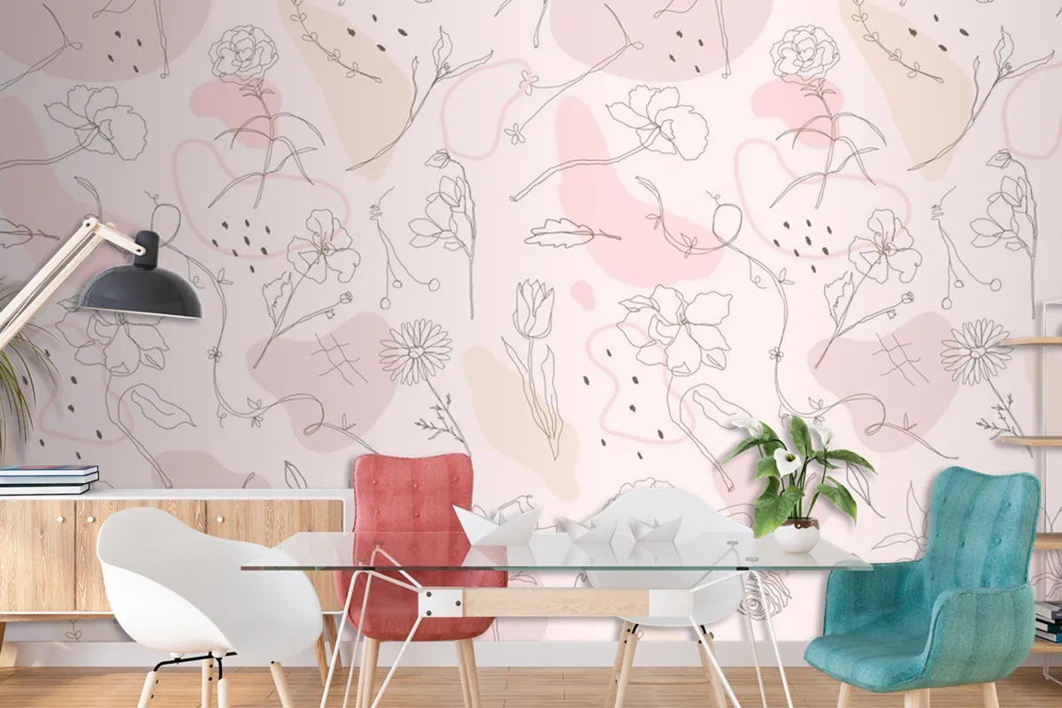 Pink Flower Pattern Wallpaper Hand Drawn Style Wallpaper Mural