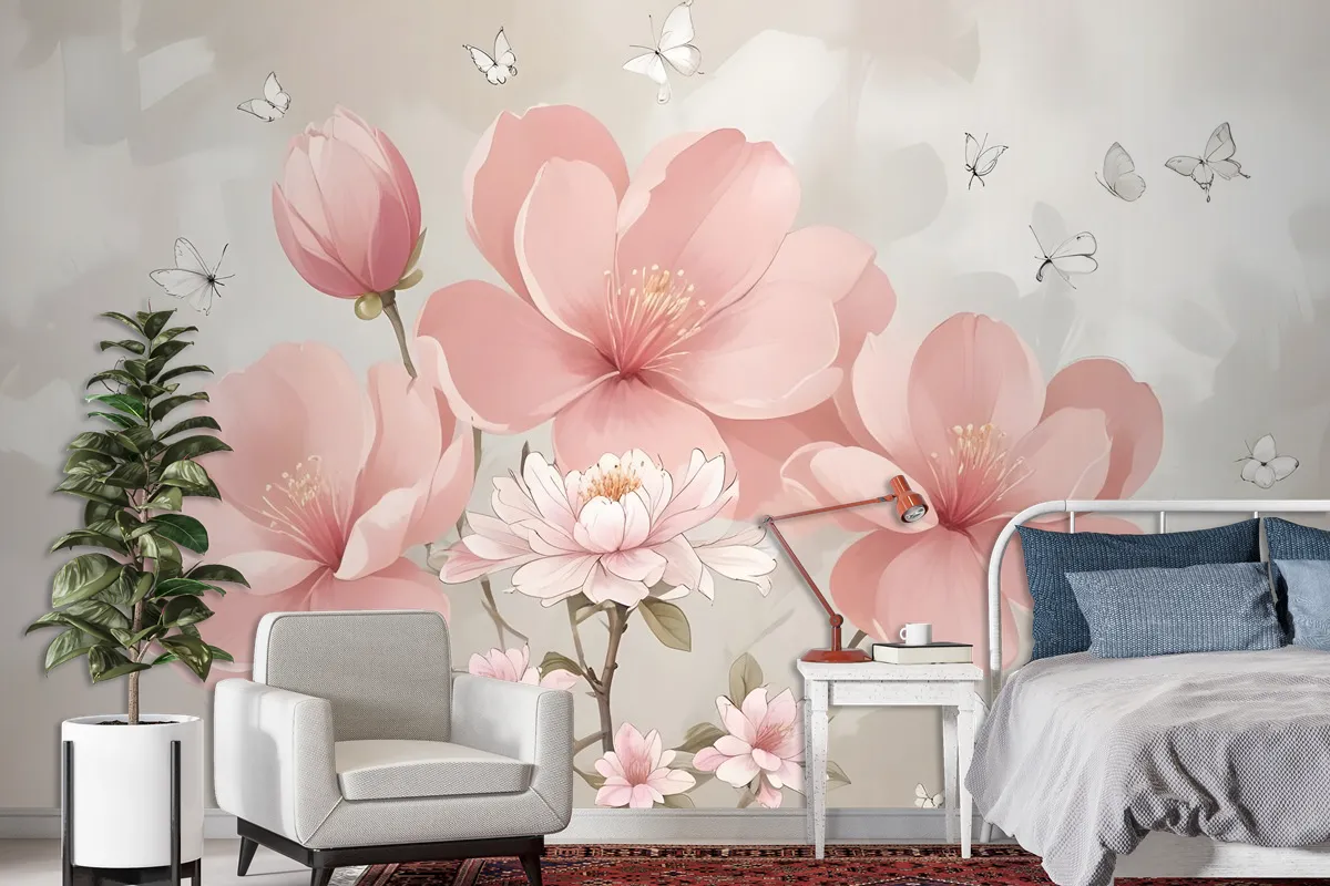 Pink Hdrangea Floral With Little Butterfly Wallpaper Mural