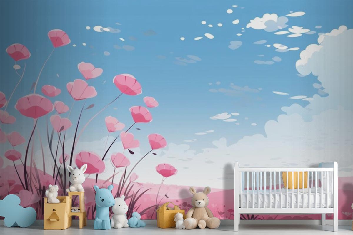 Pink Hearts In The Sky With Flowers And Clouds Wallpaper Mural