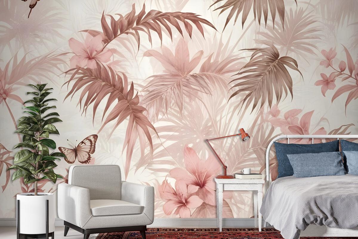 Pink Leaf And Blossom Wallpaper Mural