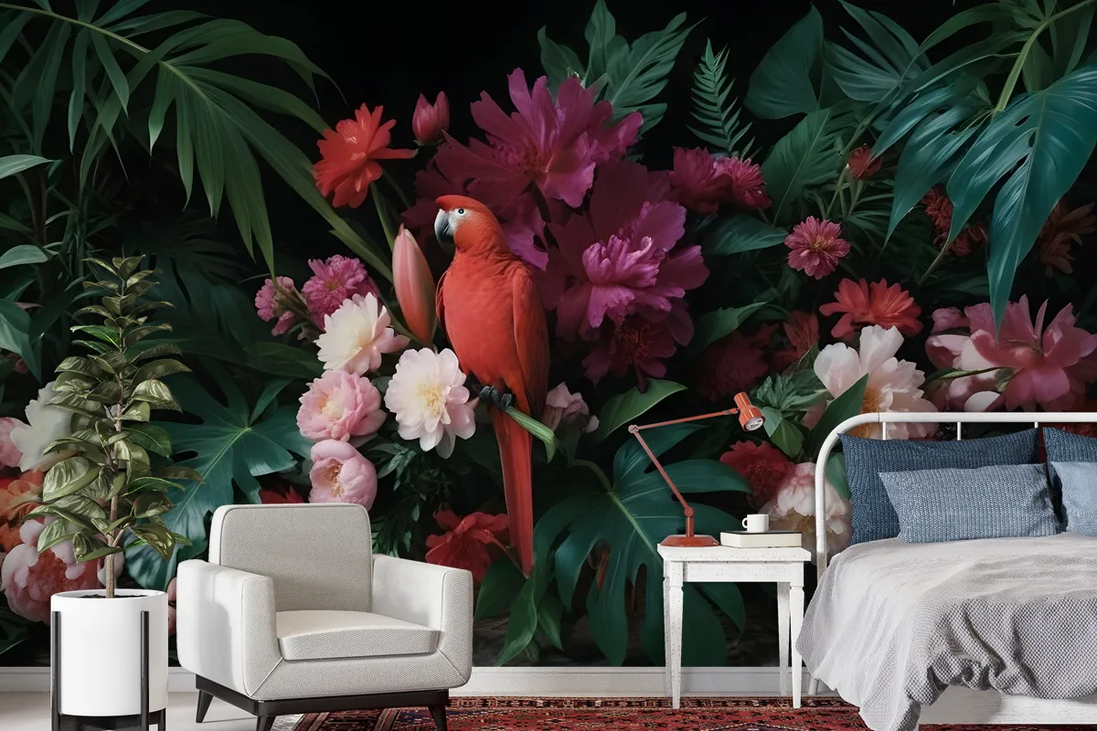 Red Parrot With Colorful Floral Wallpaper Mural