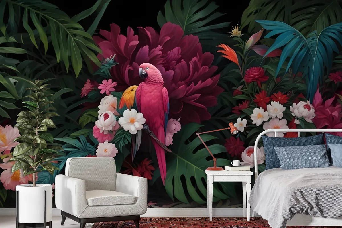 Pink Parrot With Colorful Floral Wallpaper Mural