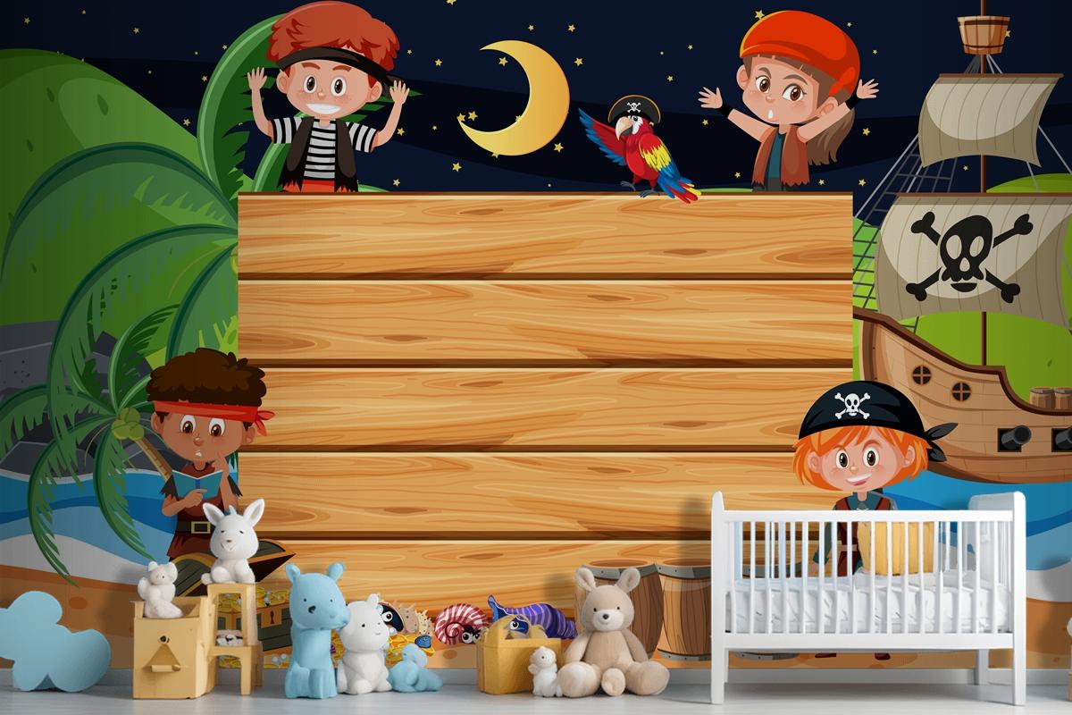 Pirate Kids At The Beach Night Scene With An Empty Wooden Wallpaper Mural