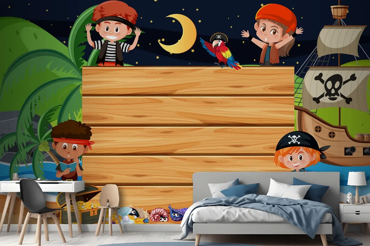 Pirate Kids At The Beach Night Scene With An Empty Wooden Wallpaper Mural