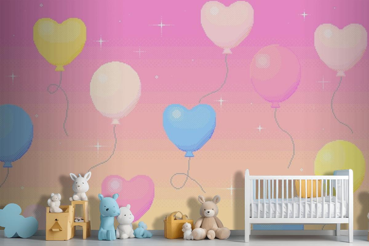 Pixel Art Background Of Balloons Flying In The Dreamy Sky Wallpaper Mural