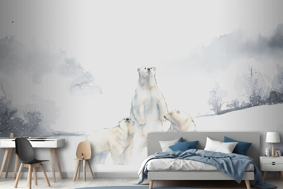 Polar Bears In The Snow Watercolor Wallpaper Mural