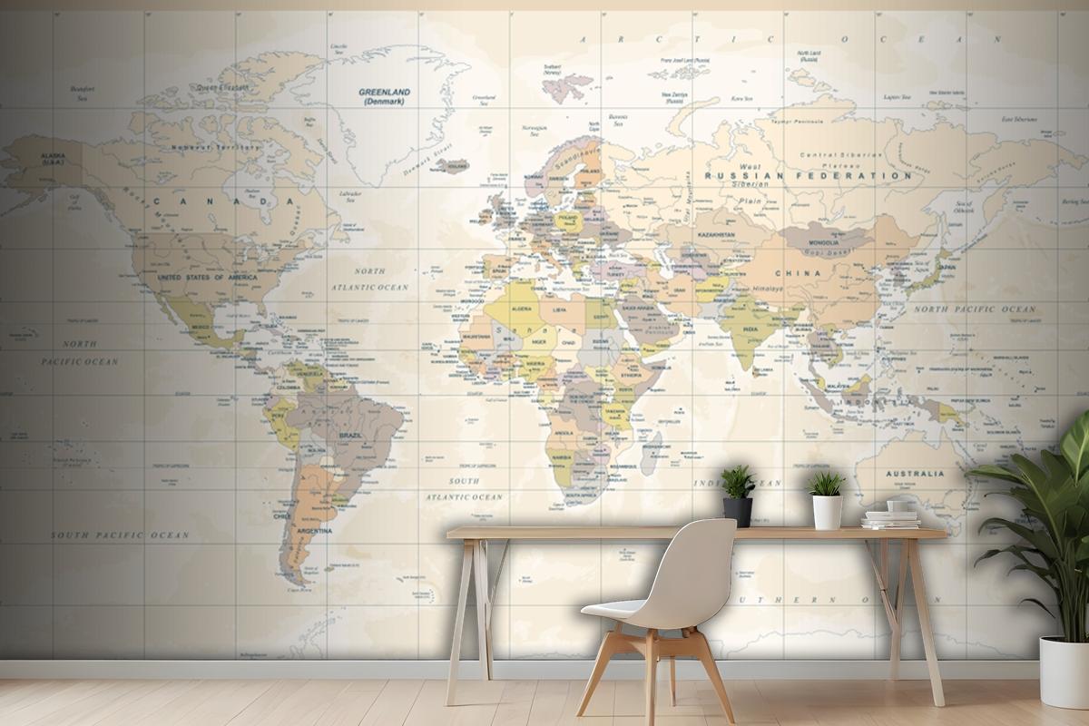 Political Physical Topographic Colored World Map Wallpaper Mural