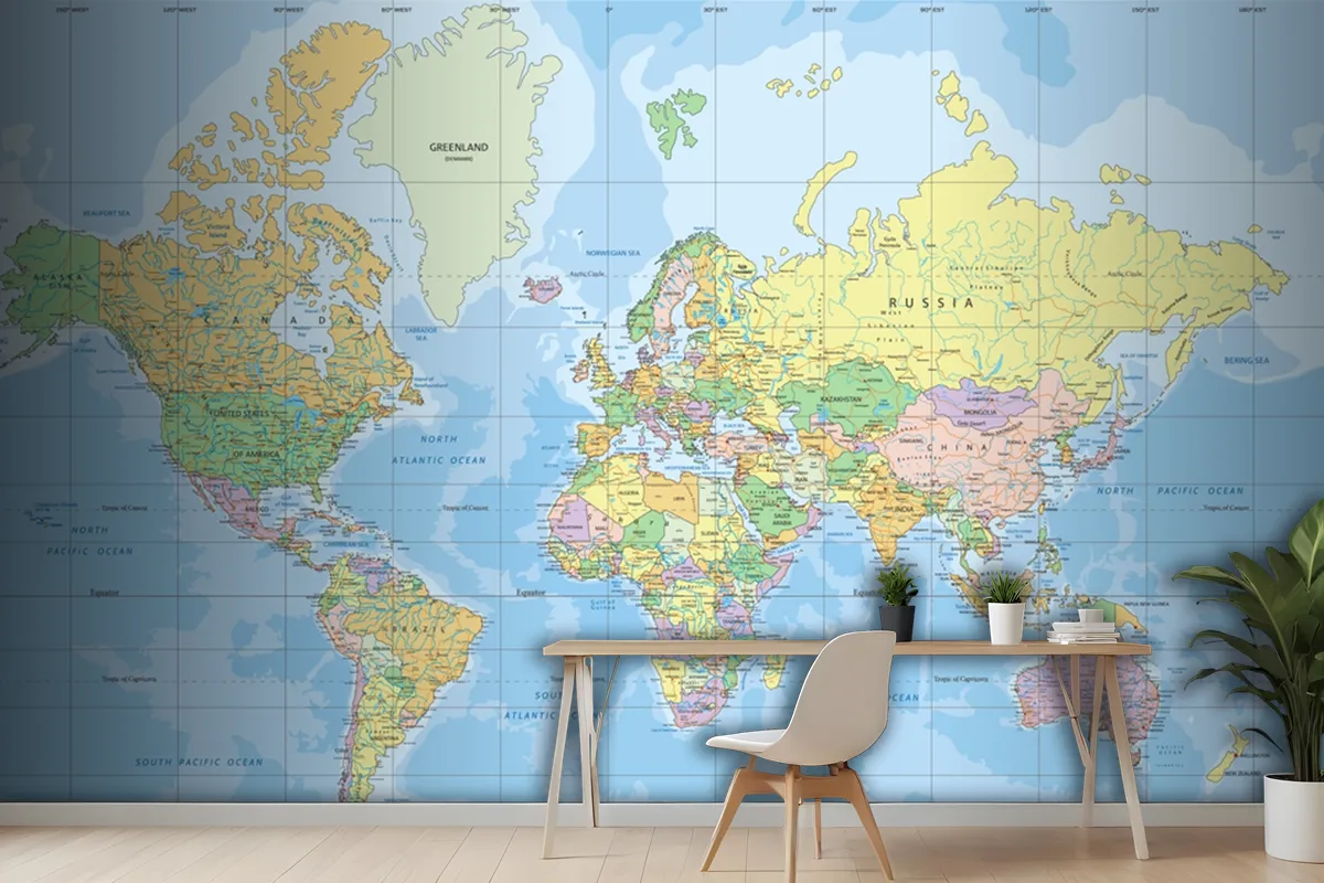 Political World Map In Mercator Projection Wallpaper Mural