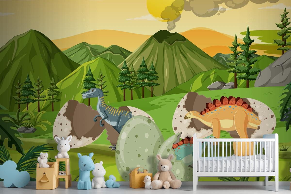 Prehistoric Forest With Dinosaur Cartoon Kids Wallpaper Mural