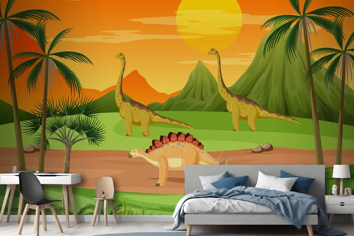 Prehistoric Forest With Dinosaur Cartoon Wallpaper Mural