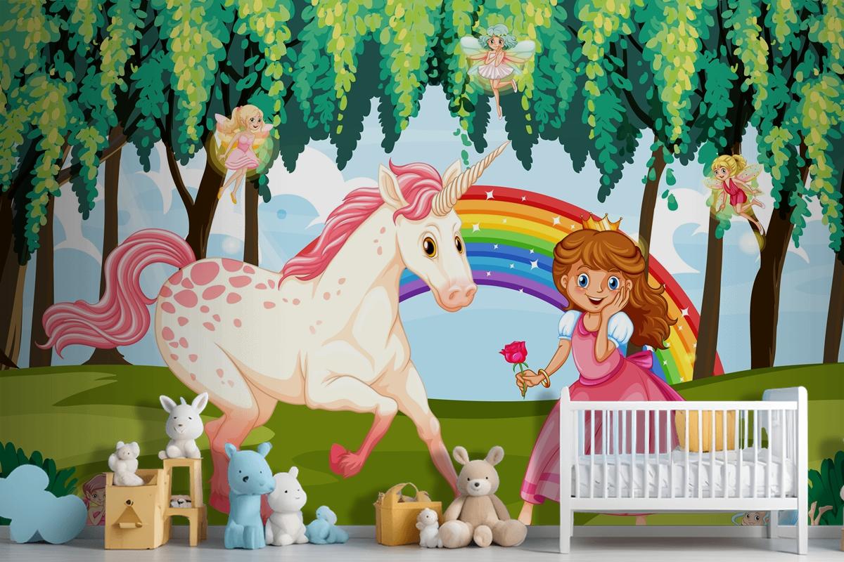 Princess And Unicorn In Enchanted Forest Background Wallpaper Mural