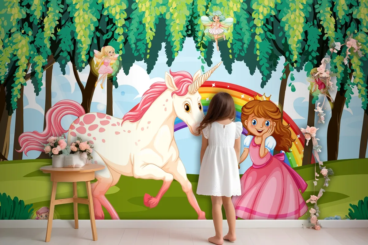 Princess And Unicorn In Enchanted Forest Background Wallpaper Mural