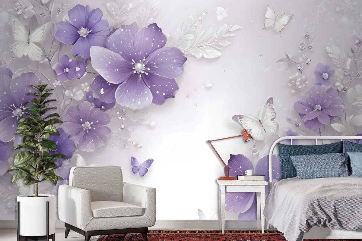 Purple Swarovski Floral With Little Butterfly Wallpaper Mural