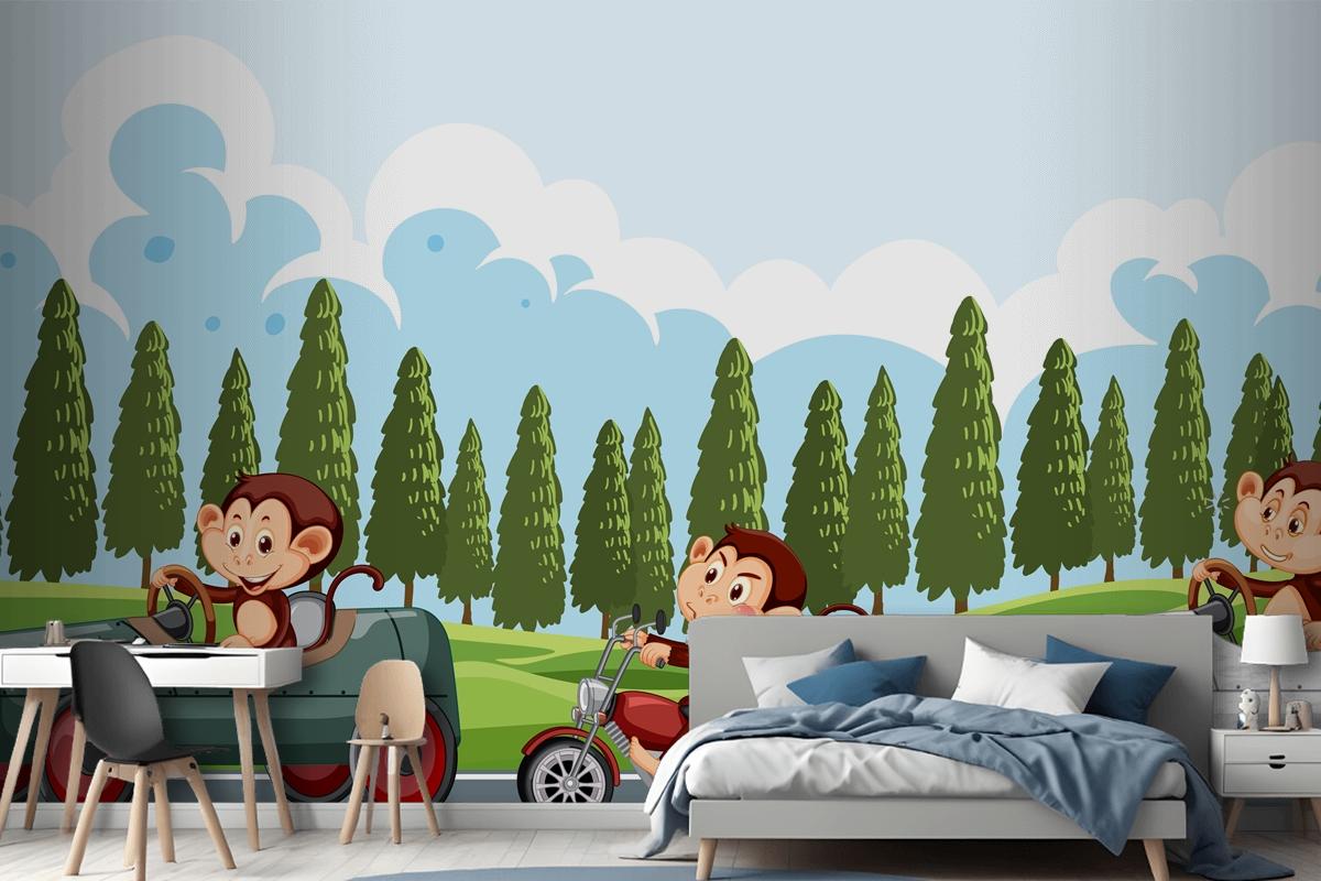 Race Track Scene With Monkey Racing Drivers Wallpaper Mural