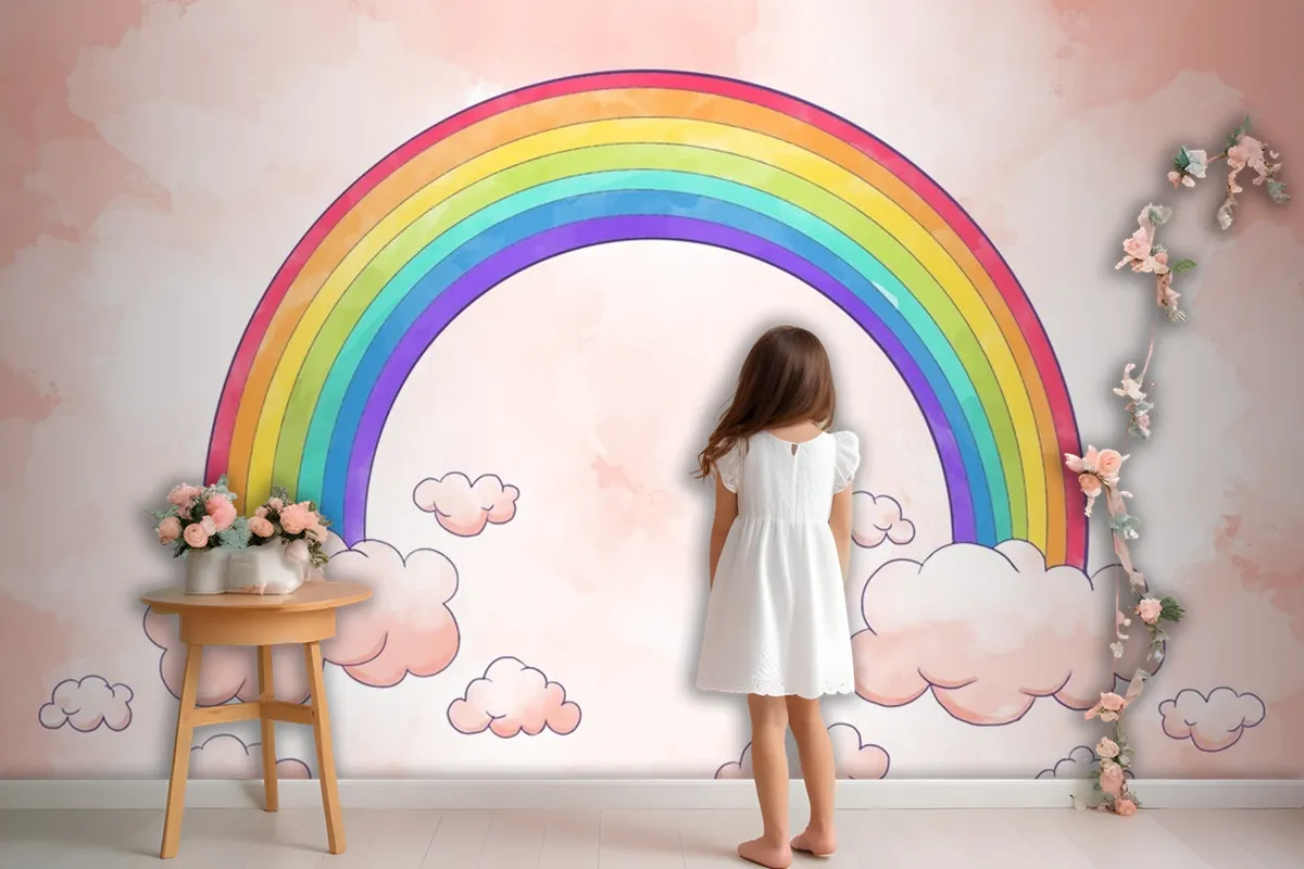 Rainbow With Clouds Watercolor Style Wallpaper Mural