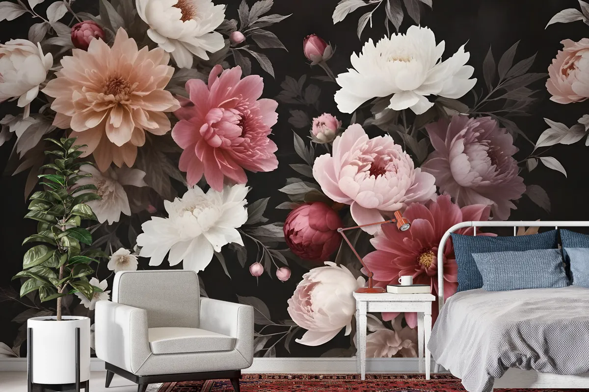 Realistic Dark Floral Wallpaper Mural