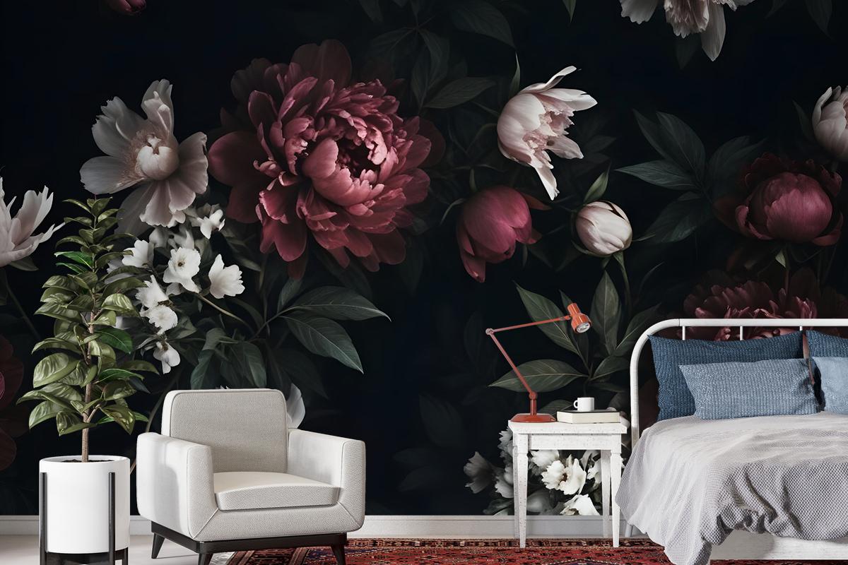 Realistic Dark Peony Floral Bouquet Wallpaper Mural