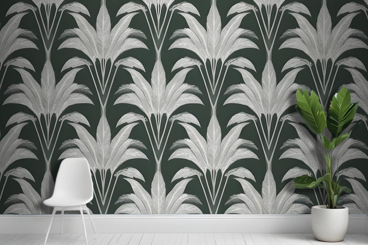 Repeating Pattern Of Leaflike Shapes In Shades Of Gray And White Against A Dark Green Wallpaper Mural