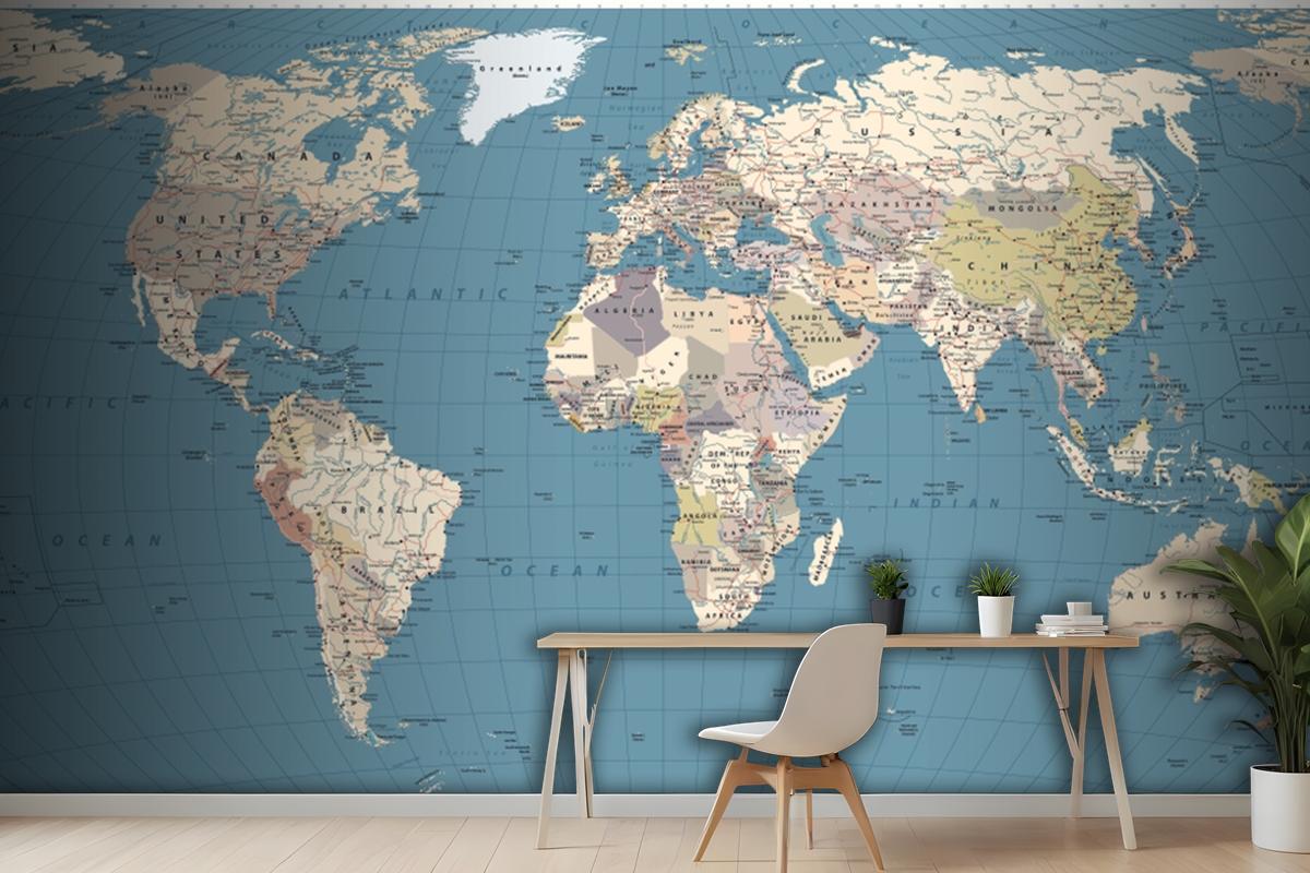 Retro Color World Map Borders Countries Roads And Cities Wallpaper Mural