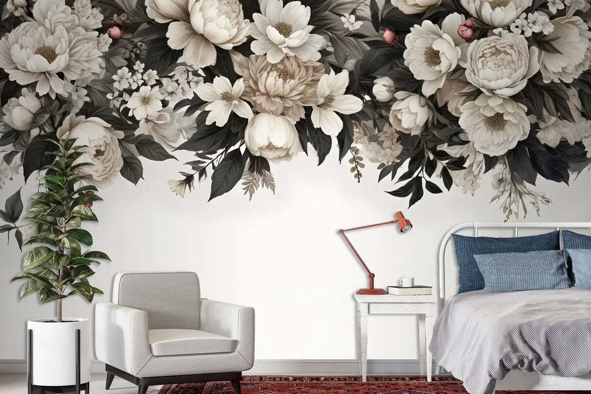 Retro Dark White Flowers Wallpaper Mural