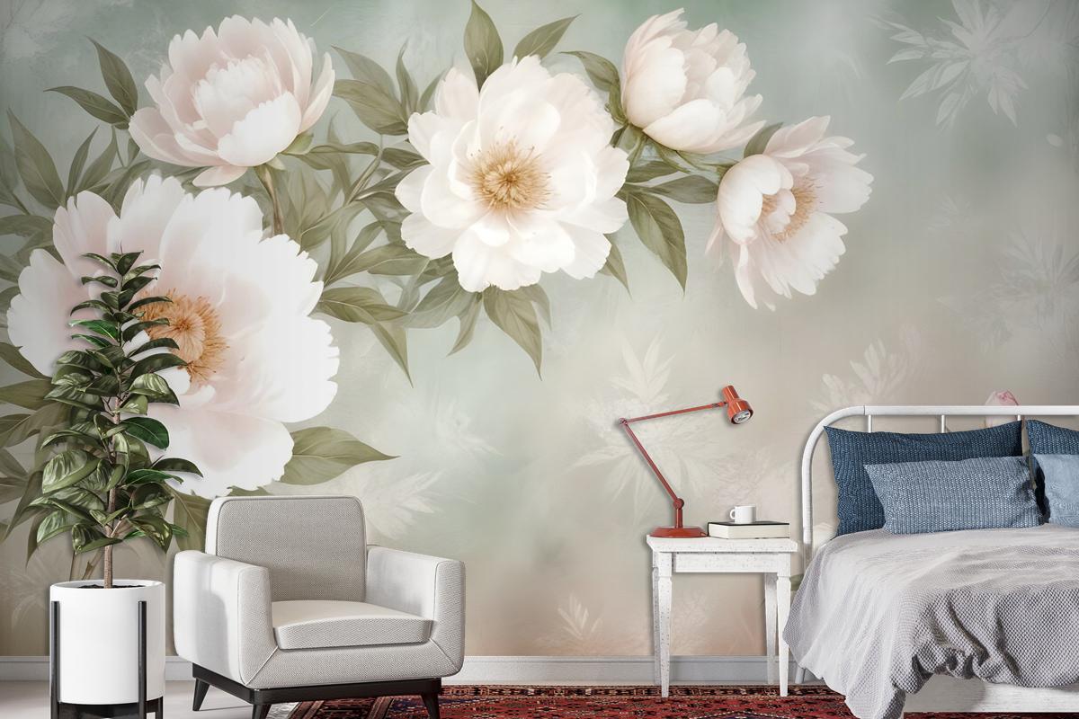 Retro Oil Painting White Flowers Wallpaper Mural